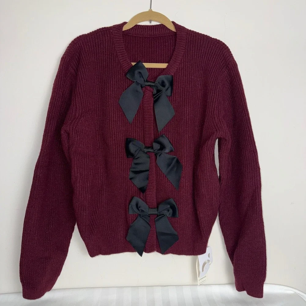 Commense Burgundy Ribbed Cardigan Black Bows Button‎ Front Womens Size M